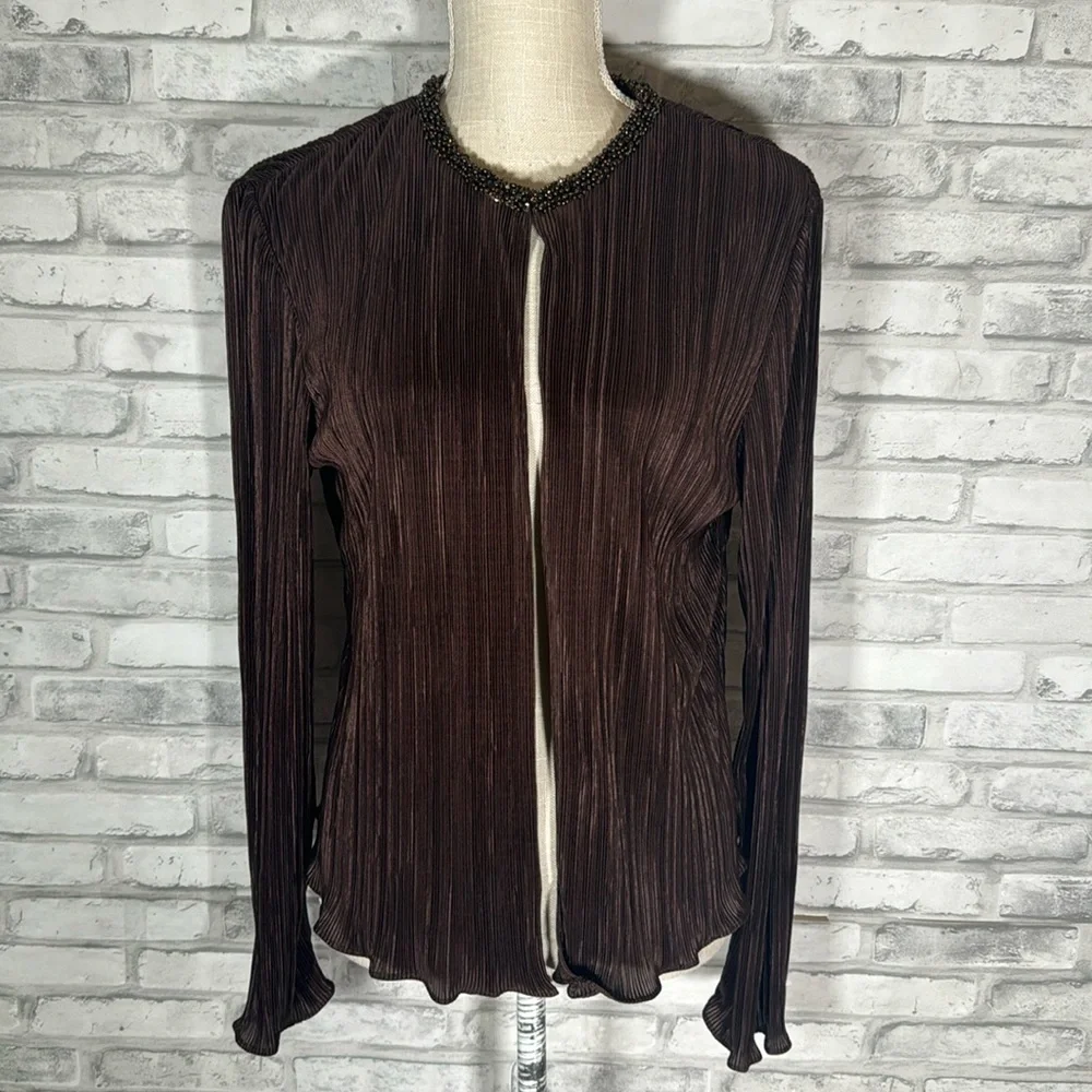 Cachet Brown Accordion Pleated Silky Blouse Cardigan
